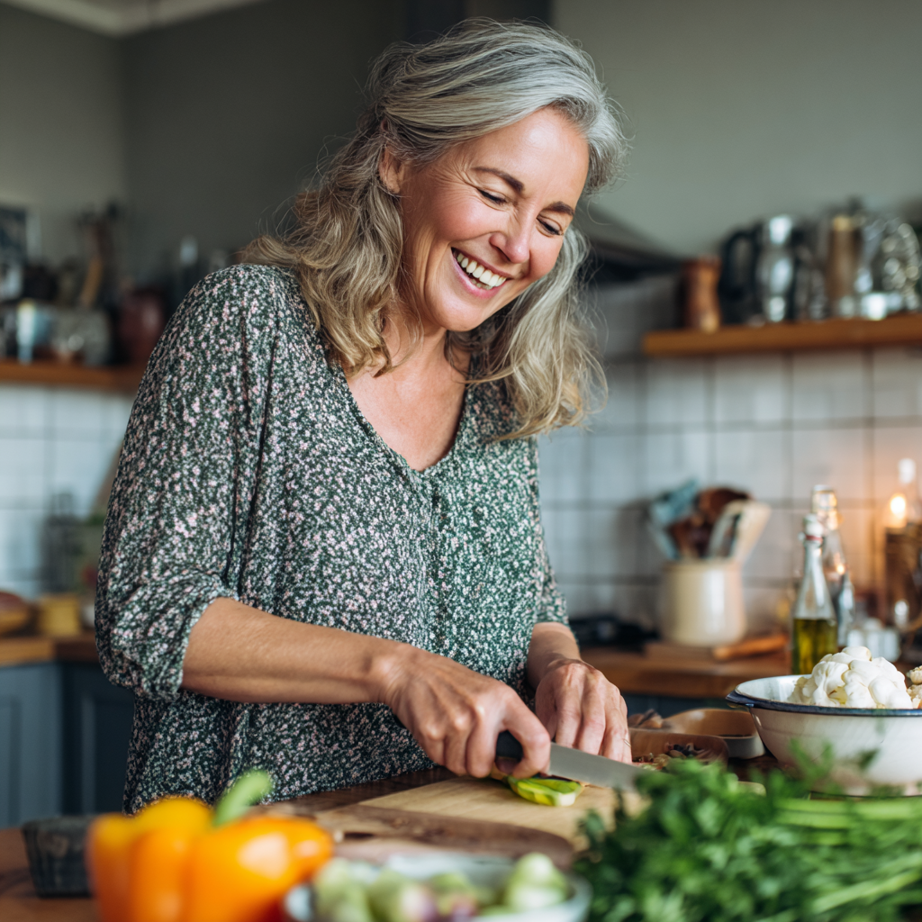 Mature woman smiling while preparing healthy meal in kitchen