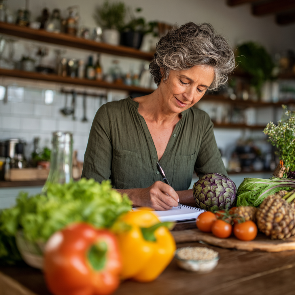 Middle-aged woman planning balanced meals with fresh vegetables and grains